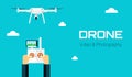 Remote aerial drone with a camera taking photography or video recording . Vector art on isolated background. Flat design. Royalty Free Stock Photo