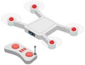 Remote aerial quadcopter controlled by remote control with camera taking photography or video recording.