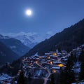 A remote alpine village nestled in a valley, softly glowing under a silver moon