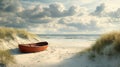 Remote beach with sand dunes and a solitary boat. Royalty Free Stock Photo
