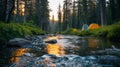 Remote campsite nestled in natur.: tents pitched beside a babbling brook