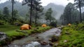 Remote campsite nestled in natur.: tents pitched beside a babbling brook