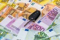 Remote car control on euro banknotes background Royalty Free Stock Photo