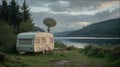 Remote caravan with satellite dish by lake Royalty Free Stock Photo
