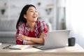 Remote Career. Cheerful Asian Freelancer Lady Sitting At Desk In Home Office