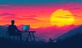 Remote coding at sunset with mountains in background, vibrant colors, silhouette of programmer, peaceful atmosphere