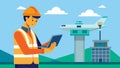 On a remote construction site an engineer uses a tablet to access and adjust the 3D model of an airport terminal