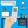 Remote control of air conditioner in hand and air conditioner in