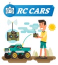 Remote control cars vector illustration. Boy with joystick buttons drive wireless car with antenna. Electronic off road wifi toy.