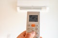 remote control command for air conditioning to be handled point to the device with the order to 22Â°C Royalty Free Stock Photo