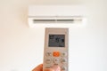 remote control command for air conditioning to be handled point to the device with the order to 19Â°C Royalty Free Stock Photo