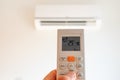 remote control command for air conditioning to be handled point to the device with the order to 29Â°C Royalty Free Stock Photo