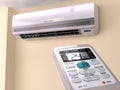 Remote control directed on air conditioner systrem. Royalty Free Stock Photo