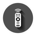 Remote control icon in flat style. Infrared controller vector illustration on black round background with long shadow. Tv keypad Royalty Free Stock Photo