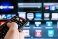 Remote control interacting with smart television Royalty Free Stock Photo