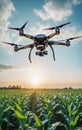 Remote-controlled drone flies over a field or economic agricultural area to survey, inspect and check the condition, optimize