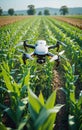 Remote-controlled drone flies over a field or economic agricultural area to survey, inspect and check the condition, optimize