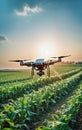 Remote-controlled drone flies over a field or economic agricultural area to survey, inspect and check the condition, optimize