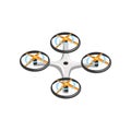 Remote controlled drone with four orange propellers and gray body. Flat vector icon of quadrocopter. Flying device
