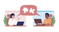 Remote coworkers having communication barrier semi flat color vector characters