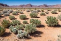 A remote desert vista with cracked ground and resilient cacti, braving the intense heat of the sun to thrive in this