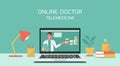 Virtual doctor describe about benefit of medicines on laptop Royalty Free Stock Photo