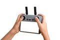 Remote drone controller held in hands with blank display, ready for interface design, UI mockups, or technology presentations Royalty Free Stock Photo