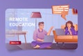 Remote education concept in cartoon design for landing page. Teenagers doing homework on laptops and studying online together.