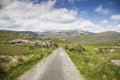 A remote and empty country side Irish road in county Kerry, with green fields and distant mountains