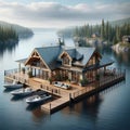 Remote Floating Wilderness Fishing Lodge Home Exterior Wooden Cabins House Construction AI GeneratedFisning