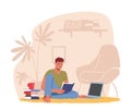 Remote Freelance Work, Homeworking Place Concept. Man Freelancer Sit On Floor With Coffee Cup And Pile Of Books