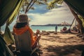 Remote freelance work young woman on laptop at beach, distance work, e learning, online meetings.