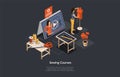 Remote Internet Sewing Courses, Online Profession Education Concept. Vector Cartoon Style Illustration. 3D Isometric