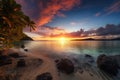 remote island beach with crystal-clear waters and majestic tropical sunset