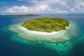 remote island with white sand beach and crystal-clear waters, surrounded by tropical paradise Royalty Free Stock Photo