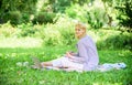 Remote job concept. Stay free with remote job. Managing business remote outdoors. Woman with laptop sit grass meadow