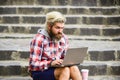 Remote job. When deadline coming. Fresh air. Mobile internet. Agile business. Bearded guy sit stairs background. Work Royalty Free Stock Photo