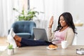 Happy woman with laptop working at home office Royalty Free Stock Photo