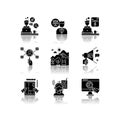 Remote jobs drop shadow black glyph icons set. Creative and graphic design, transcription and HR management, web