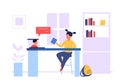 Remote lessons. Vector online education concept with students. Cartoon girl sitting at desk with laptop at home room Royalty Free Stock Photo