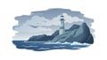 Remote Lighthouse on Rugged Coastline Under Grey Sky, vector design Generative AI Royalty Free Stock Photo