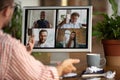 Remote meeting. Man working from home during coronavirus or COVID-19 quarantine, remote office concept. Royalty Free Stock Photo