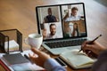 Remote meeting. Man working from home during coronavirus or COVID-19 quarantine, remote office concept. Royalty Free Stock Photo