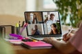 Remote meeting. Woman working from home during coronavirus or COVID-19 quarantine, remote office concept. Royalty Free Stock Photo