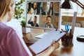 Remote meeting. Woman working from home during coronavirus or COVID-19 quarantine, remote office concept.