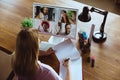 Remote meeting. Woman working from home during coronavirus or COVID-19 quarantine, remote office concept. Royalty Free Stock Photo