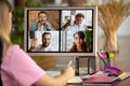 Remote meeting. Woman working from home during coronavirus or COVID-19 quarantine, remote office concept. Royalty Free Stock Photo
