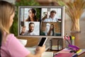 Remote meeting. Woman working from home during coronavirus or COVID-19 quarantine, remote office concept. Royalty Free Stock Photo