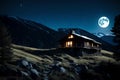 A remote, mountain cabin perched on a hill, silhouetted against the radiant light of a full moon, creating a picturesque nighttime