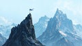 Remote mountain with cliffs lone blue flag on treacherous summit Royalty Free Stock Photo